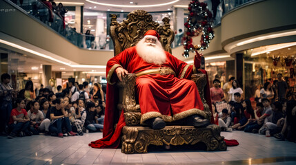 Man dressed as santa claus sitting on golden throne in mall. - obrazy, fototapety, plakaty