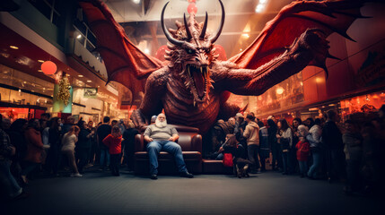 Man sitting on chair in front of giant dragon statue in mall.