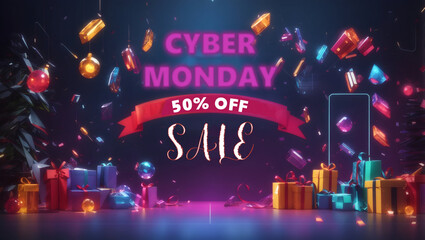 Cyber monday sale poster with pink glossy text
