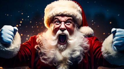 Man in santa suit with his mouth open and his mouth wide open. - obrazy, fototapety, plakaty