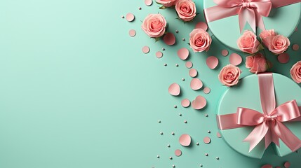  a gift box with a pink ribbon and pink roses on a green background.  generative ai