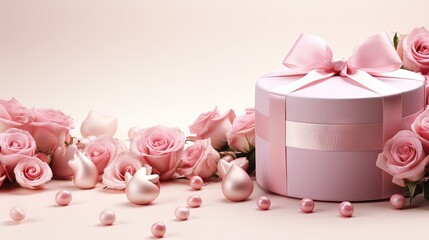  a pink gift box with pink roses and pearls around it.  generative ai