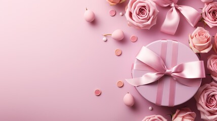  a pink gift box with a pink bow and pink roses.  generative ai