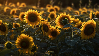 Fototapeta premium Vibrant sunflower meadow, organic growth in nature idyllic landscape generated by AI