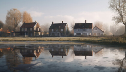Tranquil cottage by the pond, surrounded by nature beauty in autumn generated by AI
