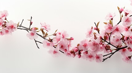  a branch with pink flowers on it against a white background.  generative ai