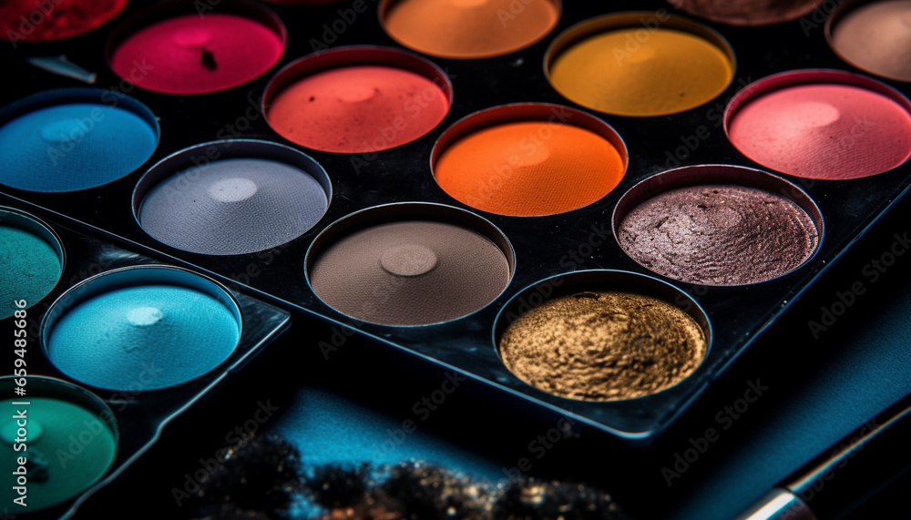 Poster vibrant eyeshadow set in a container, arranged in a circle generated by ai