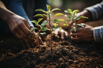Four people planting a green plant near a tree