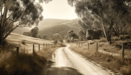 Tranquil rural scene, journey through sepia toned mountain range generated by AI