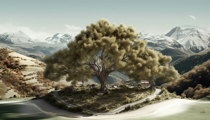 Panoramic mountain range wallpaper showcases beauty in nature extreme terrain generated by AI