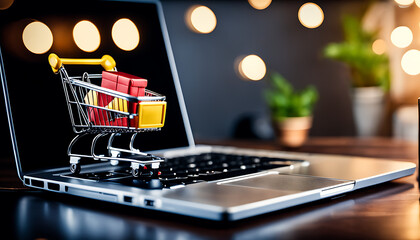 Concept of online shopping with a toy shopping cart in front of a laptop