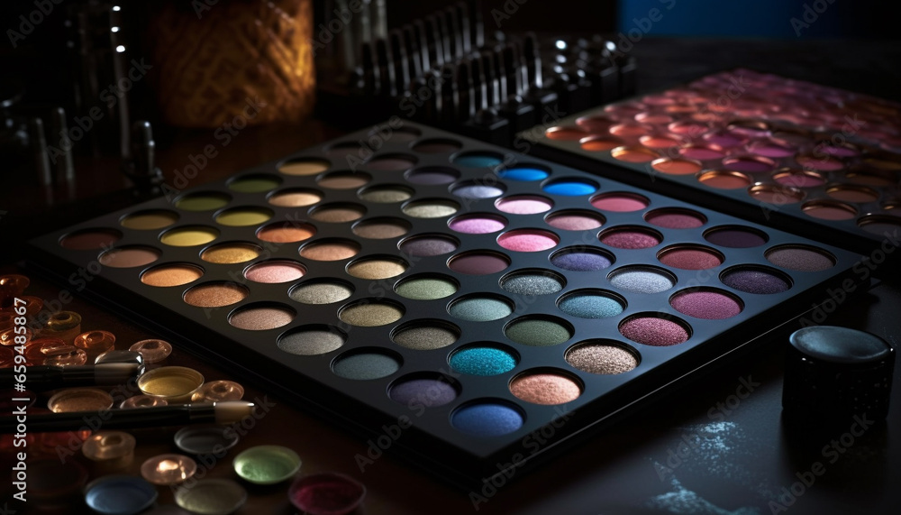 Poster vibrant colors of eyeshadow palette create glamorous make up variations generated by ai