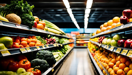 Fruits and vegetables on a supermarket's chilled shelf. - obrazy, fototapety, plakaty
