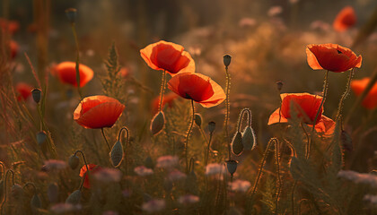 Vibrant wildflowers bloom in tranquil meadow under autumn sunrise generated by AI