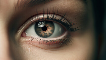 Obraz premium Green eyed woman staring, beauty in elegance, watching with optical lens generated by AI