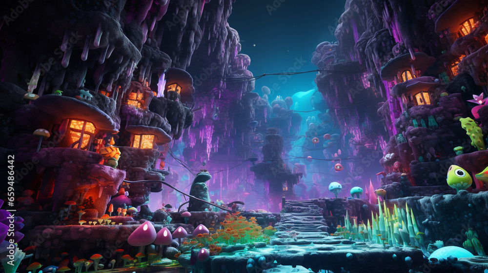 Poster huge digital theme with colorful ice and lava cliff rocks, 3d generative ai