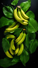 bananas on a dark background. generative ai. background made of tropical fruits. green bananas