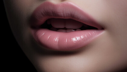 Beautiful young woman with shiny lips and healthy teeth smiles brightly generated by AI
