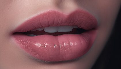 Smiling beauty with shiny pink lips exudes sensuality and elegance generated by AI