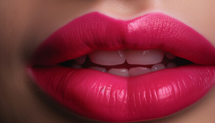Obraz premium Beautiful woman lips shine with vibrant pink lipstick sensuality generated by AI