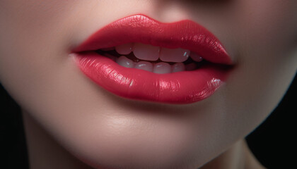 Fototapeta premium Beautiful woman with shiny lips and perfect teeth smiles brightly generated by AI