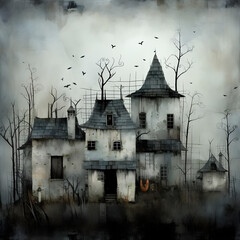 Old hunted castle in the night, Halloween background