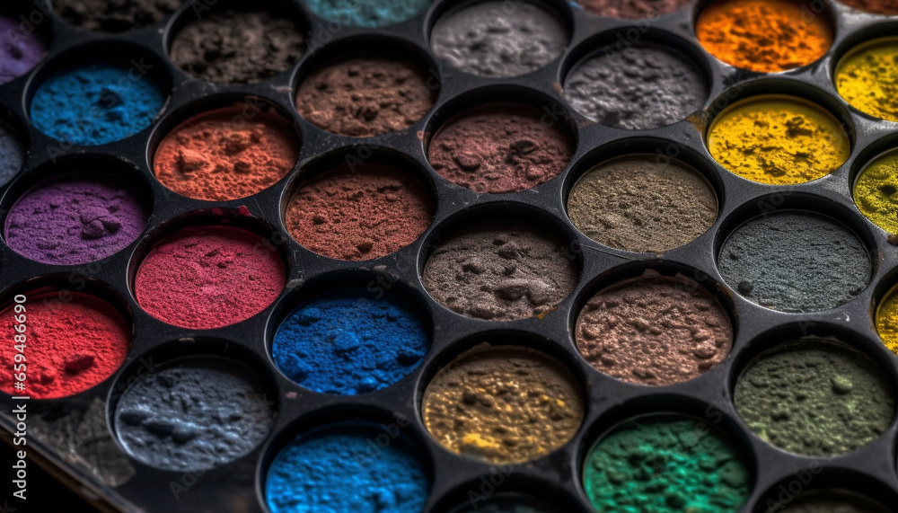 Poster a large collection of vibrant eyeshadow colors in a row generated by ai