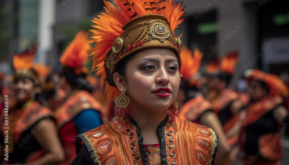 Poster Indigenous cultures celebrate traditional festivals with stage performances and costumes generated by AI