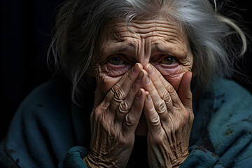 An elderly woman with signs of sadness on her wrinkled face , created by generative AI technology