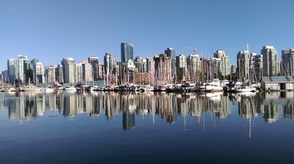 On a sunny day, a row of skyscrapers is reflected in the water