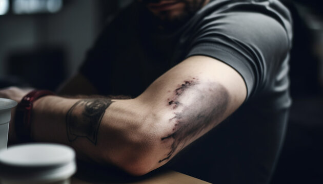Muscular man with tattoo suffers physical injury from exercising addiction generated by AI