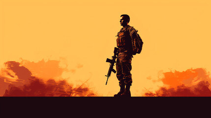 silhouette of a soldier in the sunset, holding a rifle ready to defense the country 
