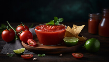 Rustic summer appetizer  Fresh guacamole with organic tomato and lime generated by AI
