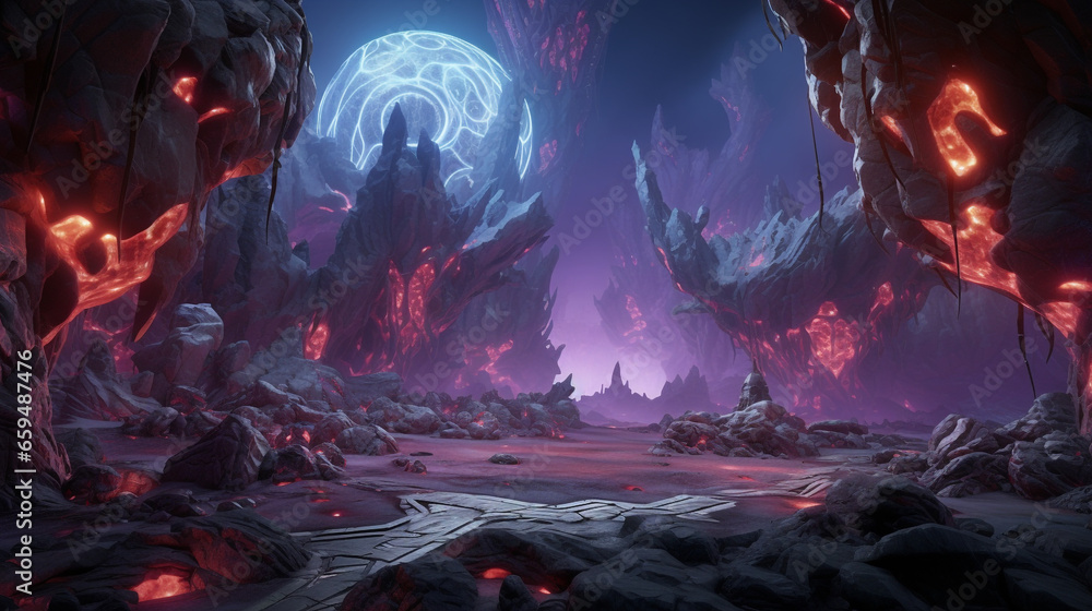Poster huge digital theme with colorful ice and lava cliff rocks, 3d generative ai
