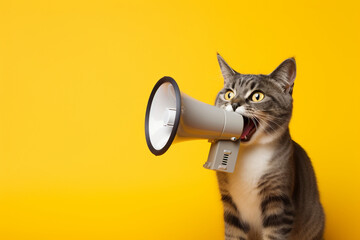 cute cat animal with megaphone on yellow background