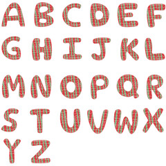 Christmas alphabet, red and green color with white line and dot, hand drawn, isolate on white background, letters xmas illustration