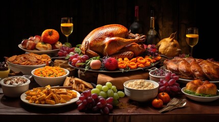  a table full of food and wine with a turkey on it.  generative ai