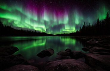 Majestic Sky with Aurora and Stars. Green Northern Lights Wallpaper with copy-space