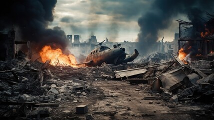 War and Battle: Battle damaged planes, explosions, fires, deserted city backgrounds caused by war - obrazy, fototapety, plakaty