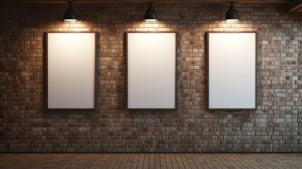 Three empty mock-up frames hanging on a brick wall.
