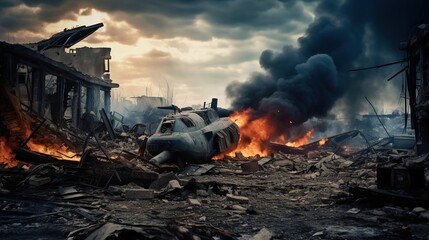 Battle: Battle damaged planes, explosions, fires, deserted city backgrounds