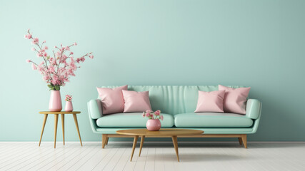 Blue couch with pink pillows in modern living room with natural light. - obrazy, fototapety, plakaty