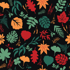 Hand drawn Seamless pattern with Autumn leaves on dark background. Autumn forest background for fabric, wallpaper and wrapping paper.