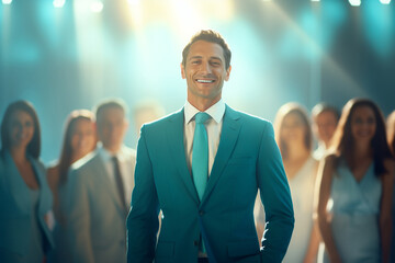 A professional businessman donning a business turquoise suit, surrounded by a group of people, all...
