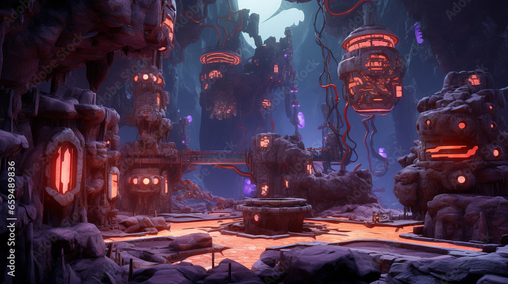 Poster huge digital theme with colorful ice and lava cliff rocks, 3d generative ai