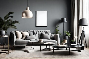 The stylish compostion at living room interior with design gray sofa, armchair, black coffee table, lamp and elegant personal accessories