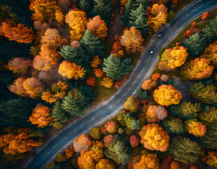 Aerial View of a Serpentine Autumn Road Through Colorful Forest Canopy. Generative AI.