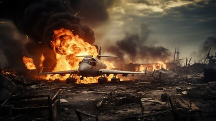 Battle: Battle damaged planes, explosions, fires, deserted city backgrounds 