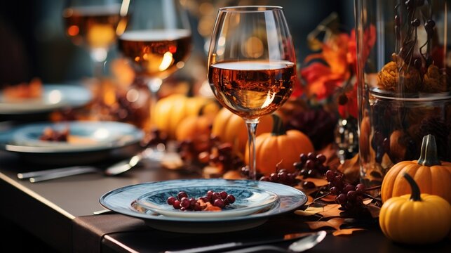  a table topped with glasses of wine and plates of food.  generative ai