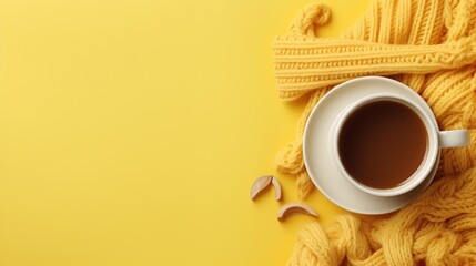  a cup of coffee and a yellow scarf on a yellow background.  generative ai